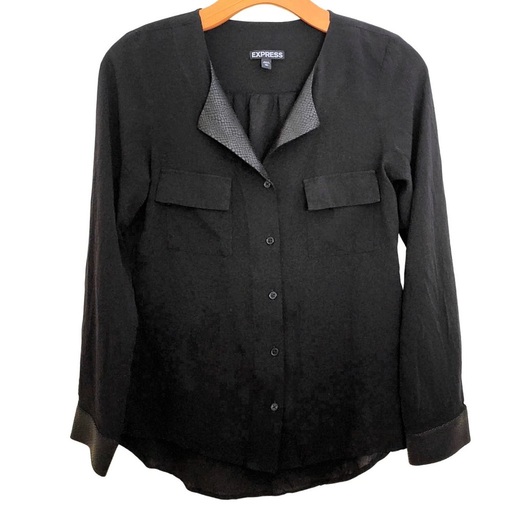 Express Faux Leather Button Down Long Sleeve Top Black Women's XS
